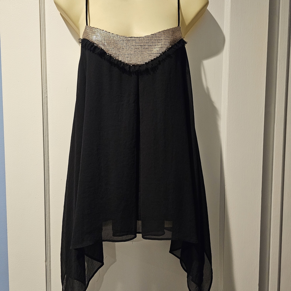 Black Asymmetrical Handkerchief Hem Tank With Sequin Trim.